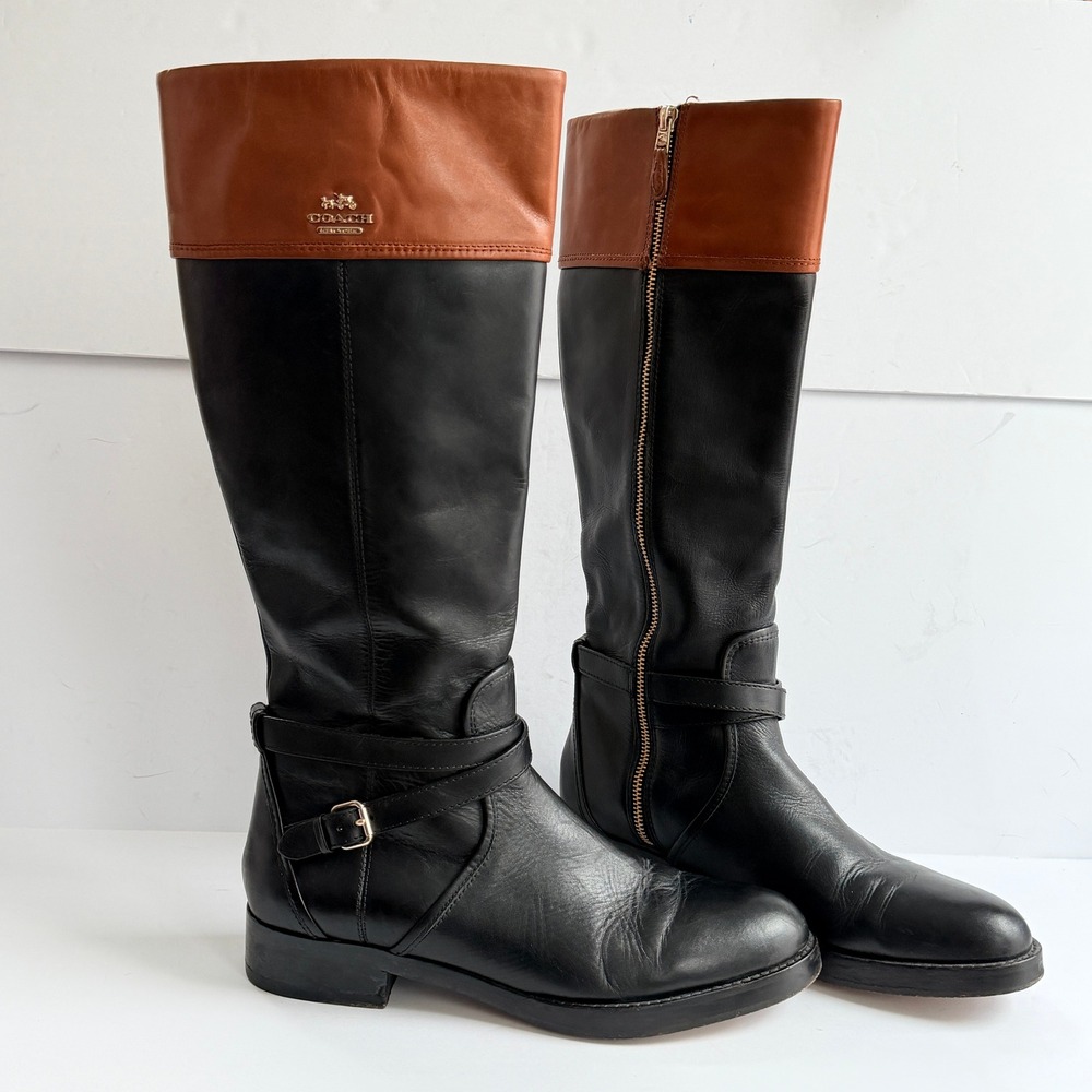 Coach Elm Black Brown Leather Riding Boots Q6301 Womens 10B Two Tone Buckle Zip